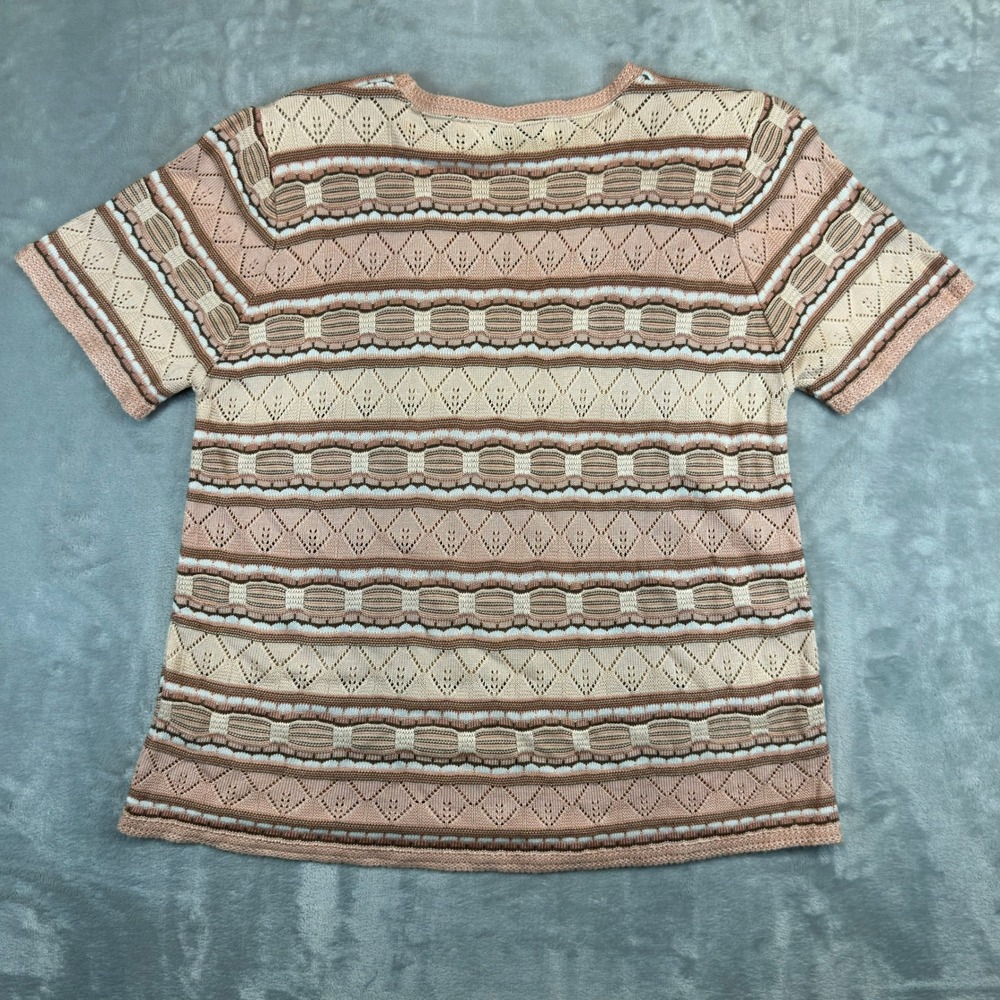 Alfred Dunner Knit Top Womens Small Peach Geometric Pointelle Short Sleeve Top - Picture 9 of 10